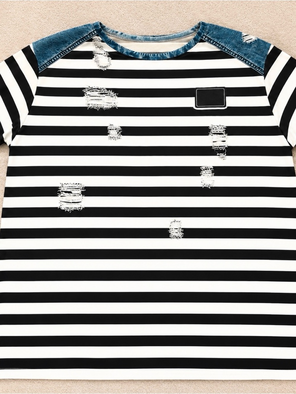 Striped Black & White Tee with faux Denim Trim and faux distress 2x - Picture 2 of 5